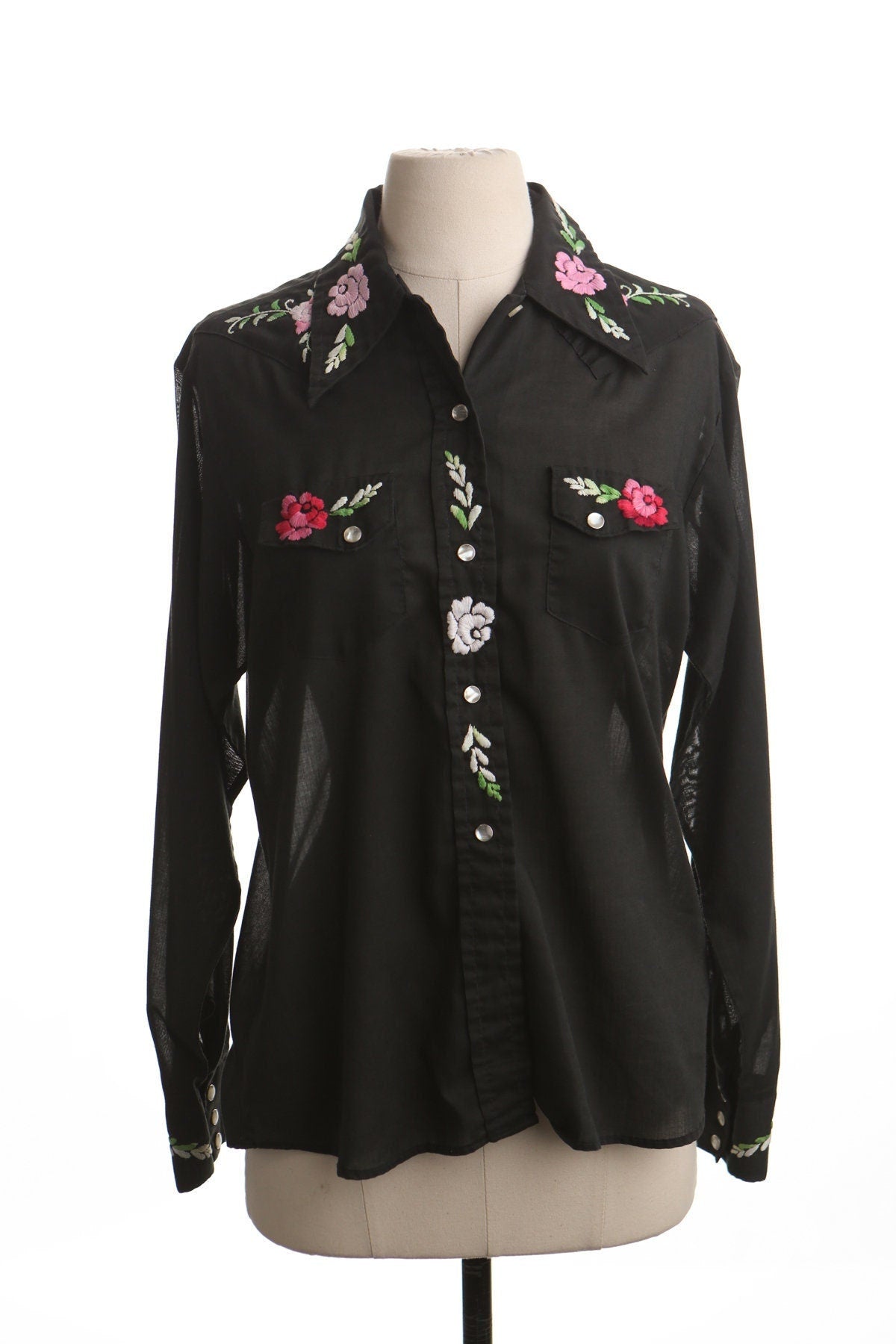 Vintage western women embroidered top black floral blouse pink green