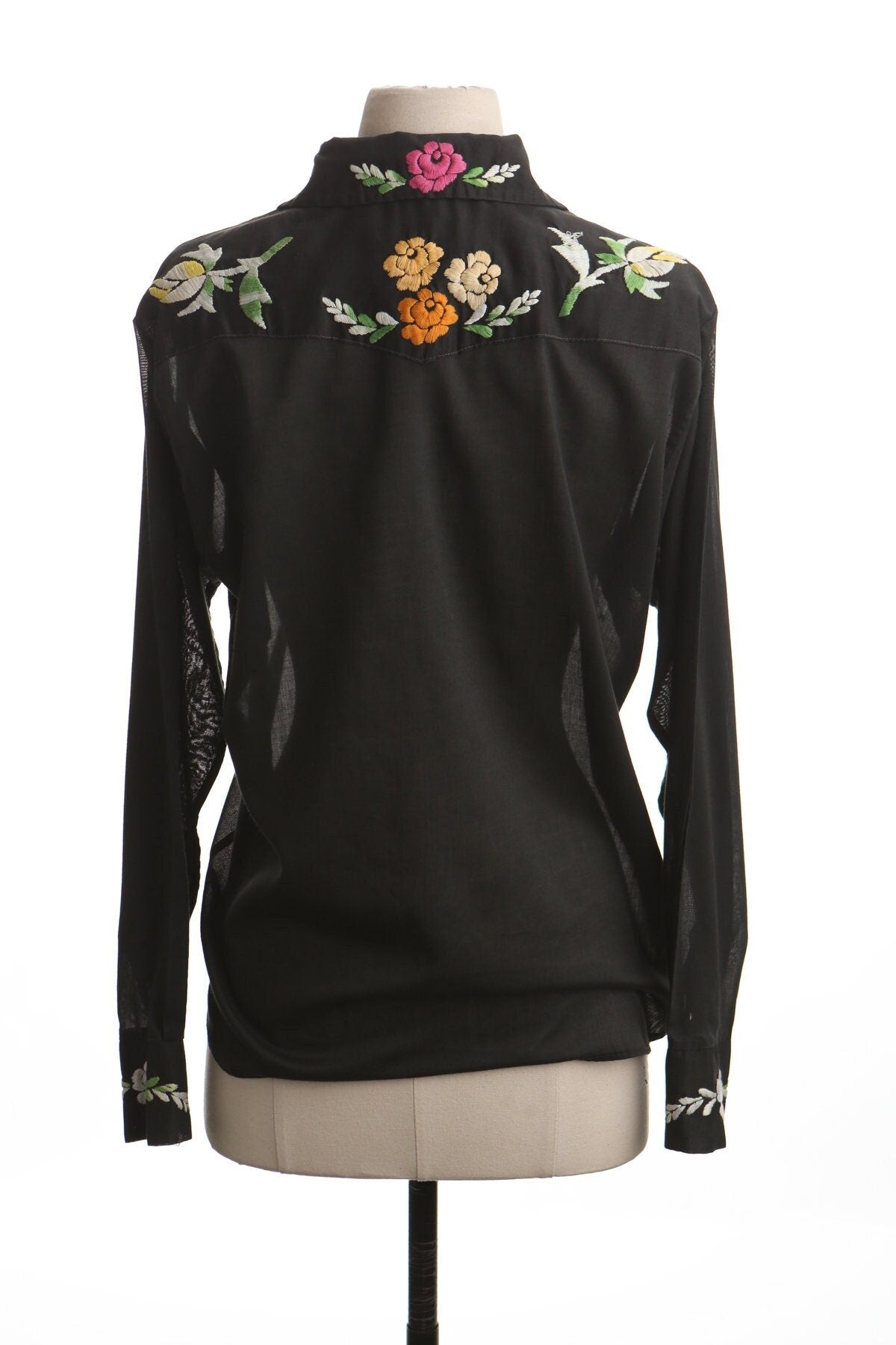 Vintage western women embroidered top black floral blouse pink green