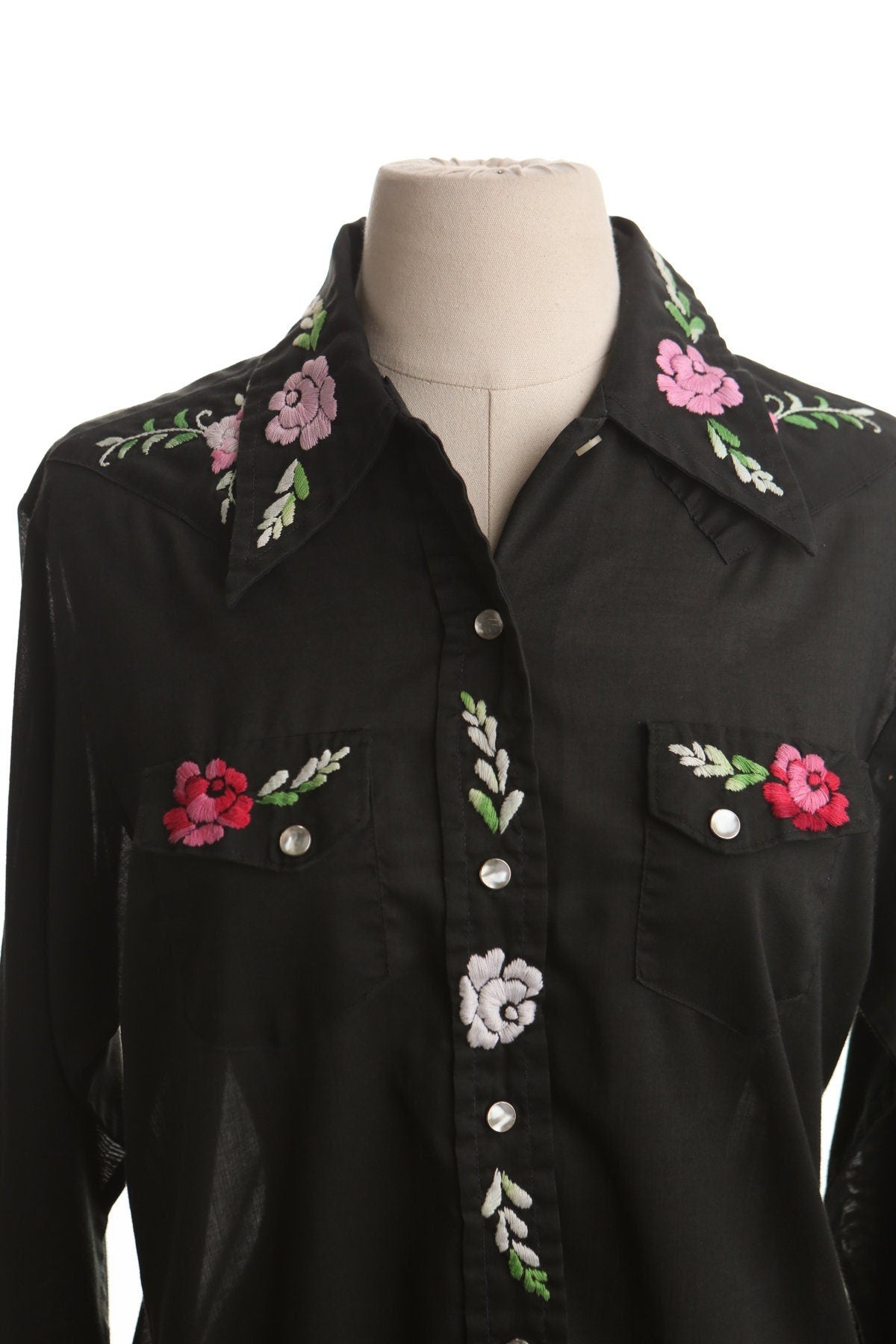 Vintage western women embroidered top black floral blouse pink green