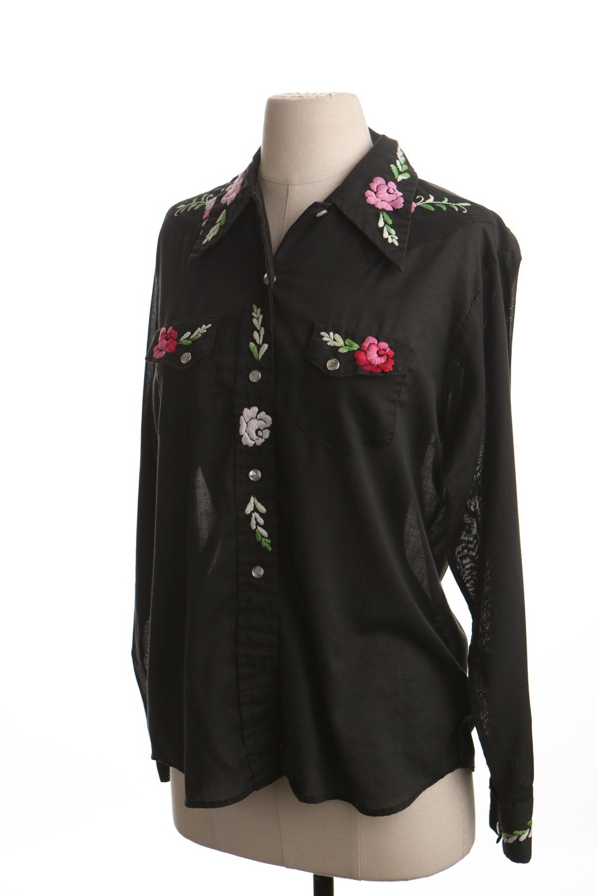 Vintage western women embroidered top black floral blouse pink green