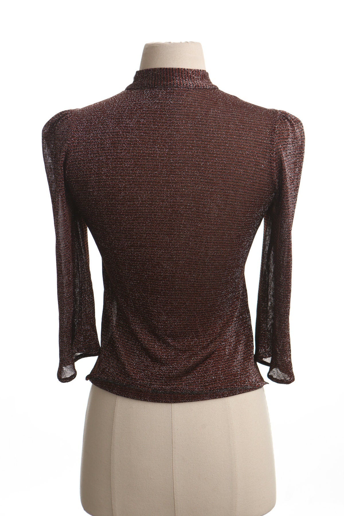 Vintage women blouse 70's metallic brown tie bow