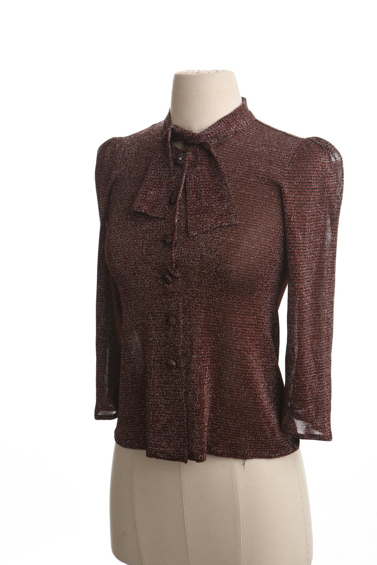 Vintage women blouse 70's metallic brown tie bow