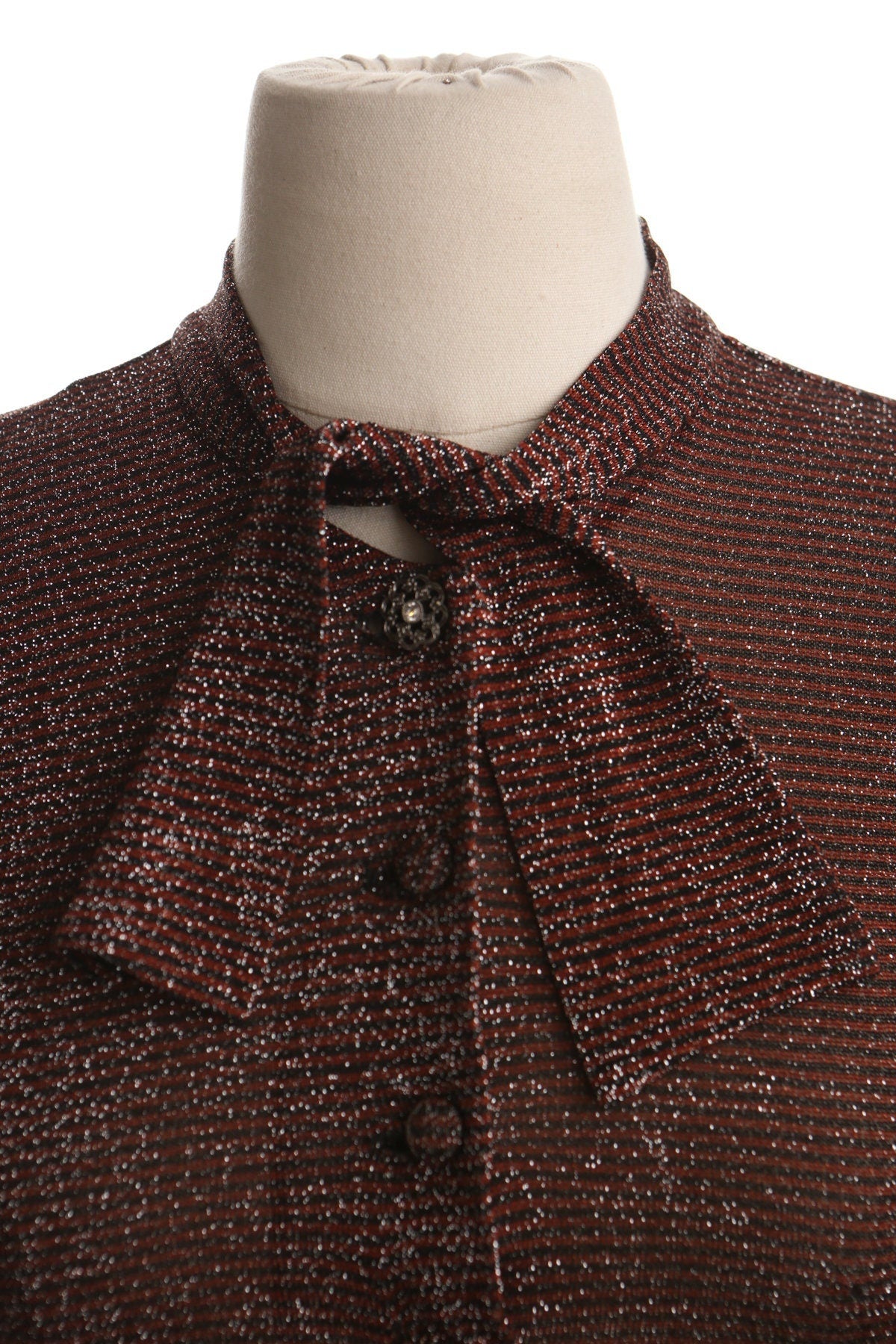Vintage women blouse 70's metallic brown tie bow