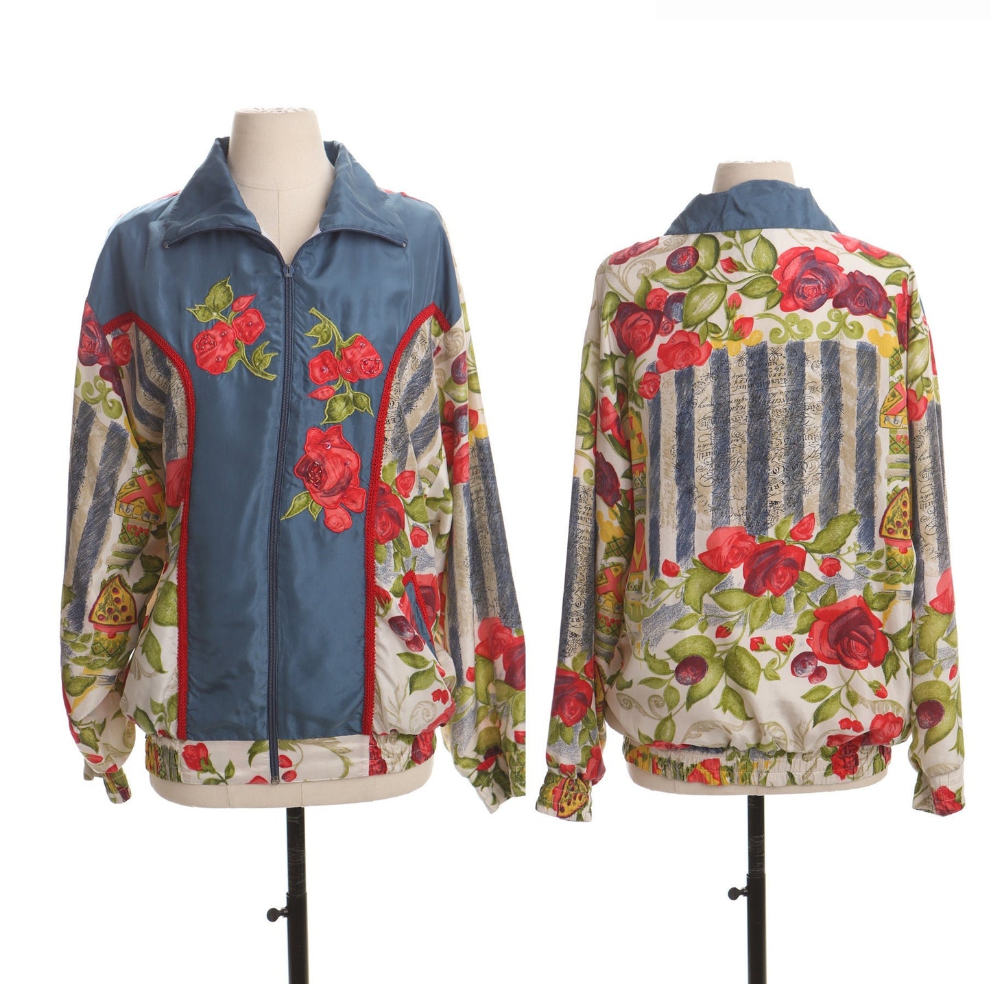 Vintage 90's silk bomber jacket floral print back writing oleg cassini team effort