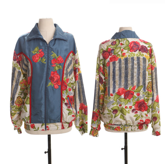 Vintage 90's silk bomber jacket floral print back writing oleg cassini team effort