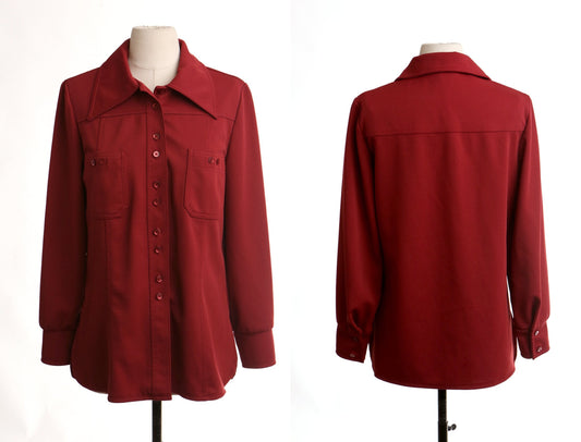 70's red disco women top blouse summer casual studio 54 butterfly neck hippie