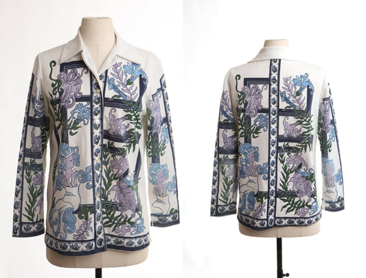 Vintage women 70's mod floral print boho hippie top jacket white summer