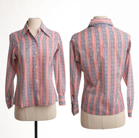 Women 70's cotton button up blouse top red blue butterfly neck hippie costume tailor