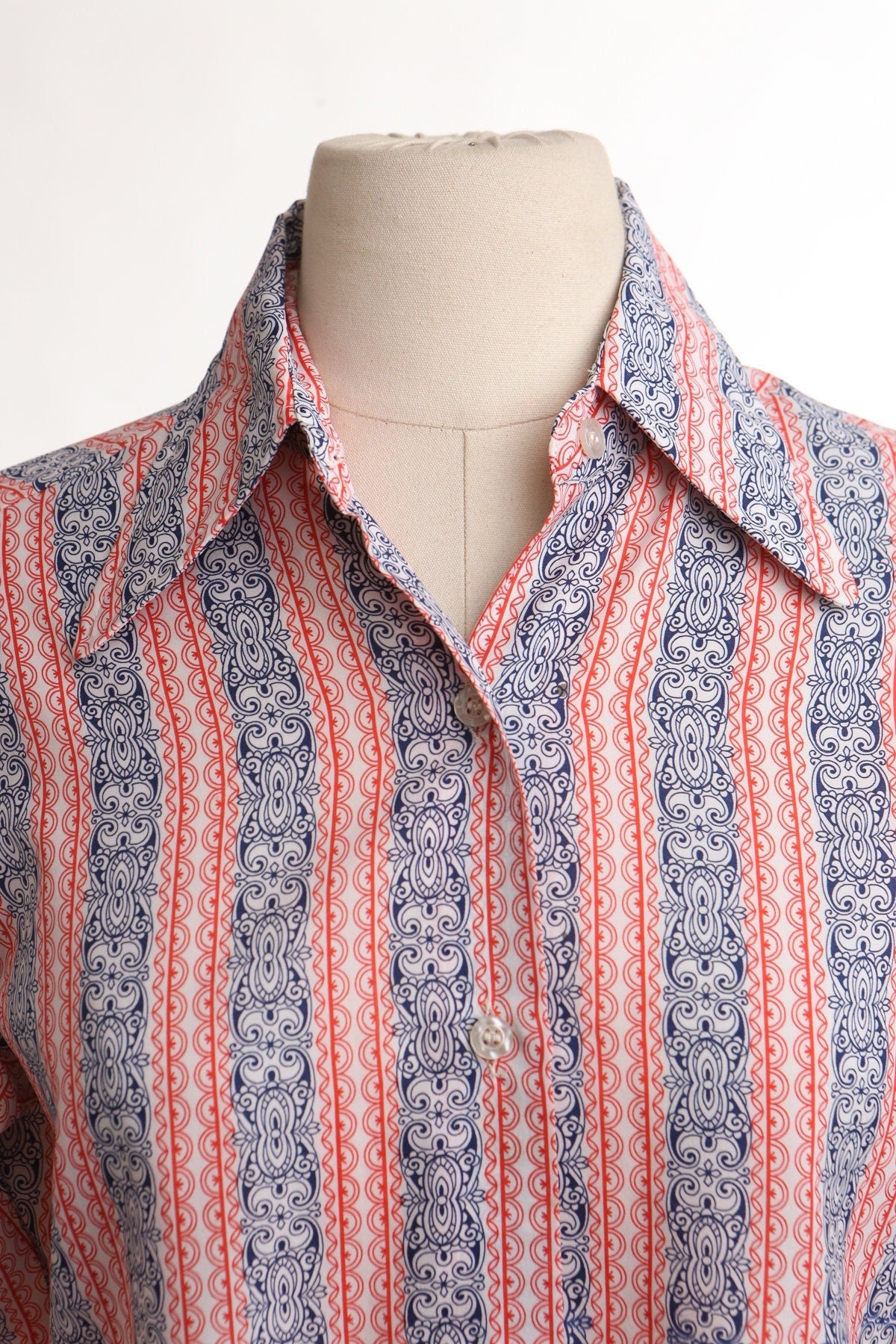 Women 70's cotton button up blouse top red blue butterfly neck hippie costume tailor