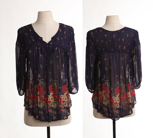 Women floral print bohemain blue top 70's red sheer