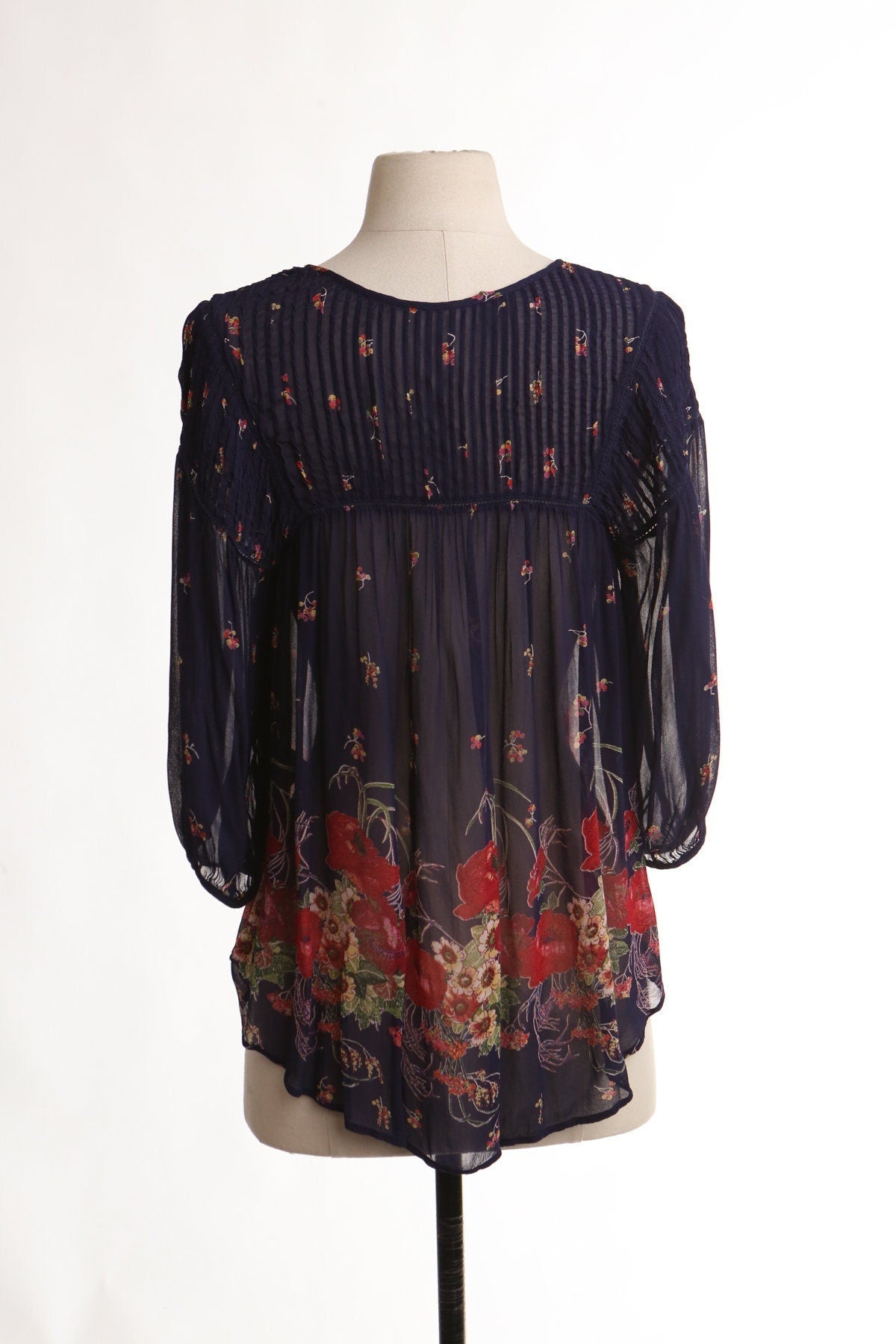 Women floral print bohemain blue top 70's red sheer