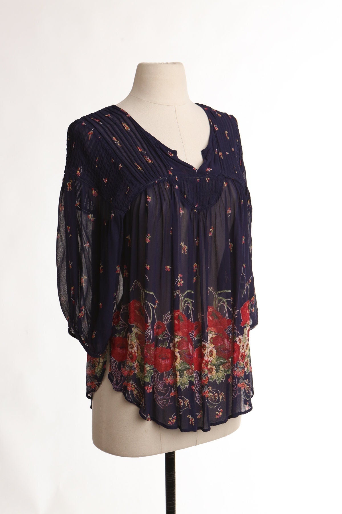 Women floral print bohemain blue top 70's red sheer