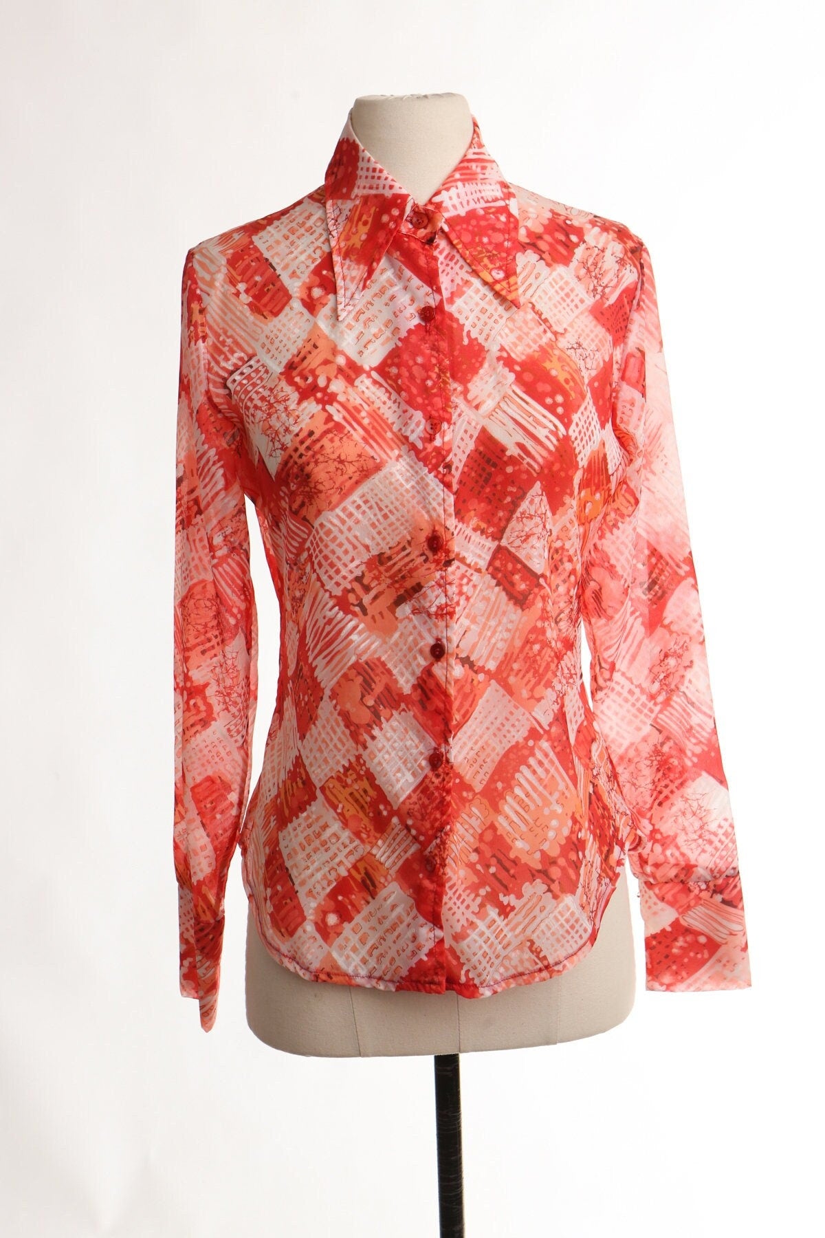 Vintage 90's 70's red poly blouse top disco studio 54 sheer women white