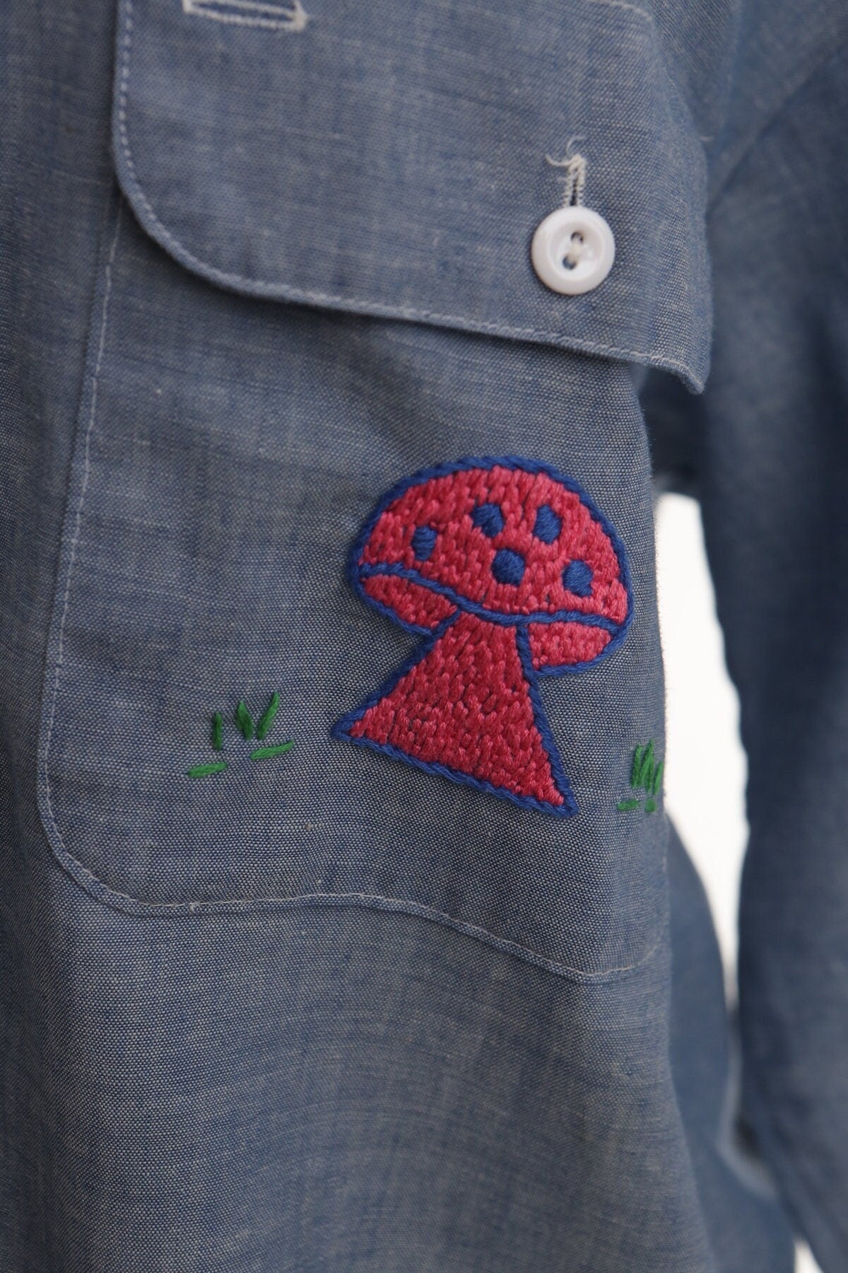Vintage 70's blue shirt hippie embroidered mushroom flowers 60's big mac men utility