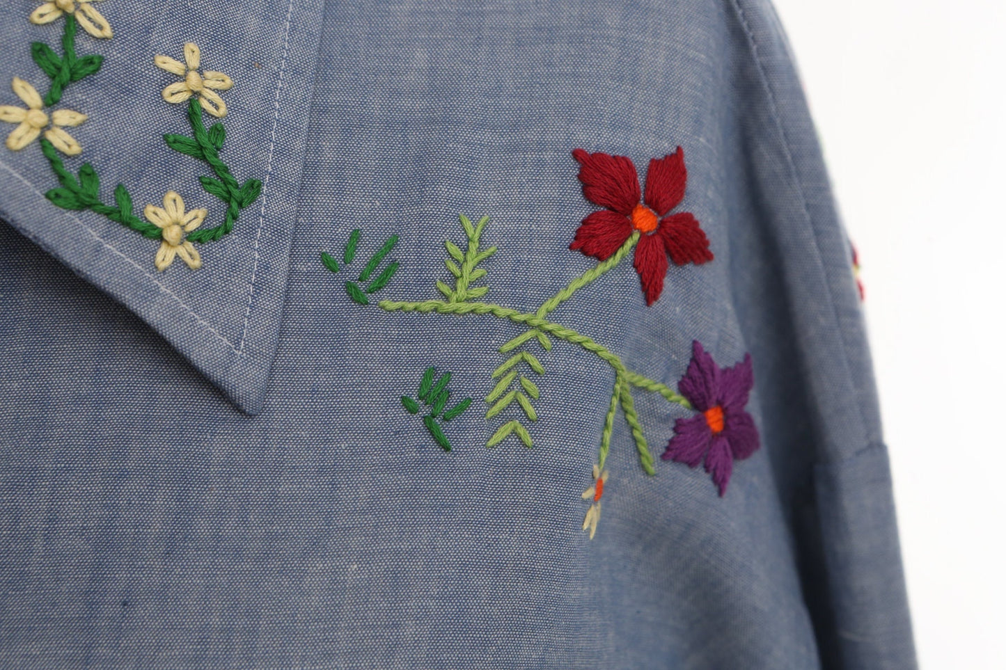 Vintage 70's blue shirt hippie embroidered mushroom flowers 60's big mac men utility