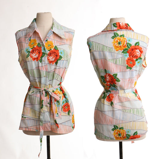 Women 70's blouse white floral waist tie vintage summer