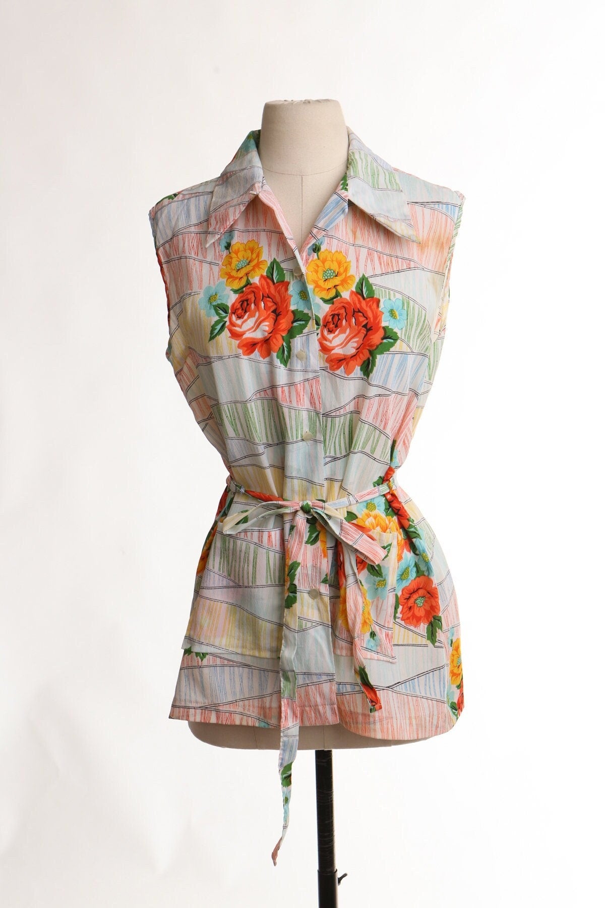 Women 70's blouse white floral waist tie vintage summer