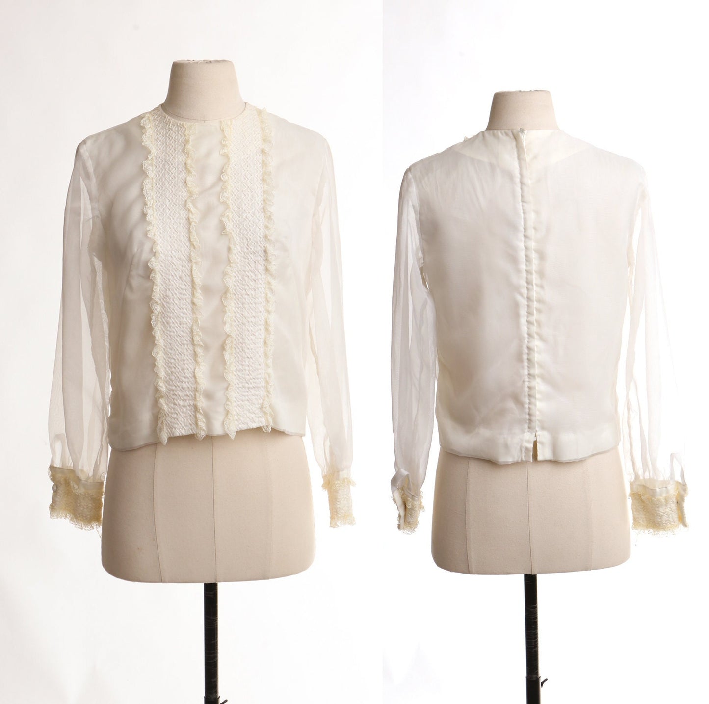 70's white ruffle zipper back lace whiteblouse top vintage casual