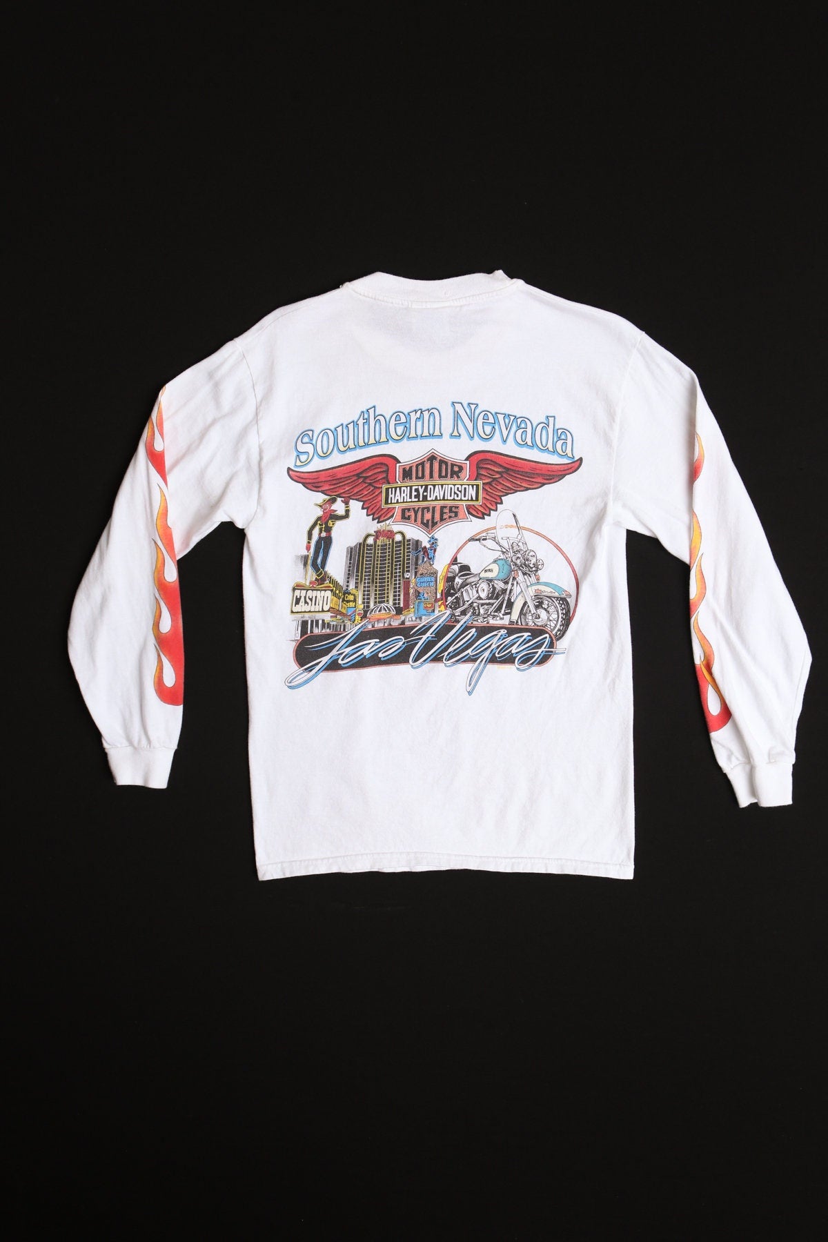 Vintage Harley Davidson Long Sleeve White Graphic T-shirt with Las Vegas Nevada Print - Estimated Era 1990's - Y2K