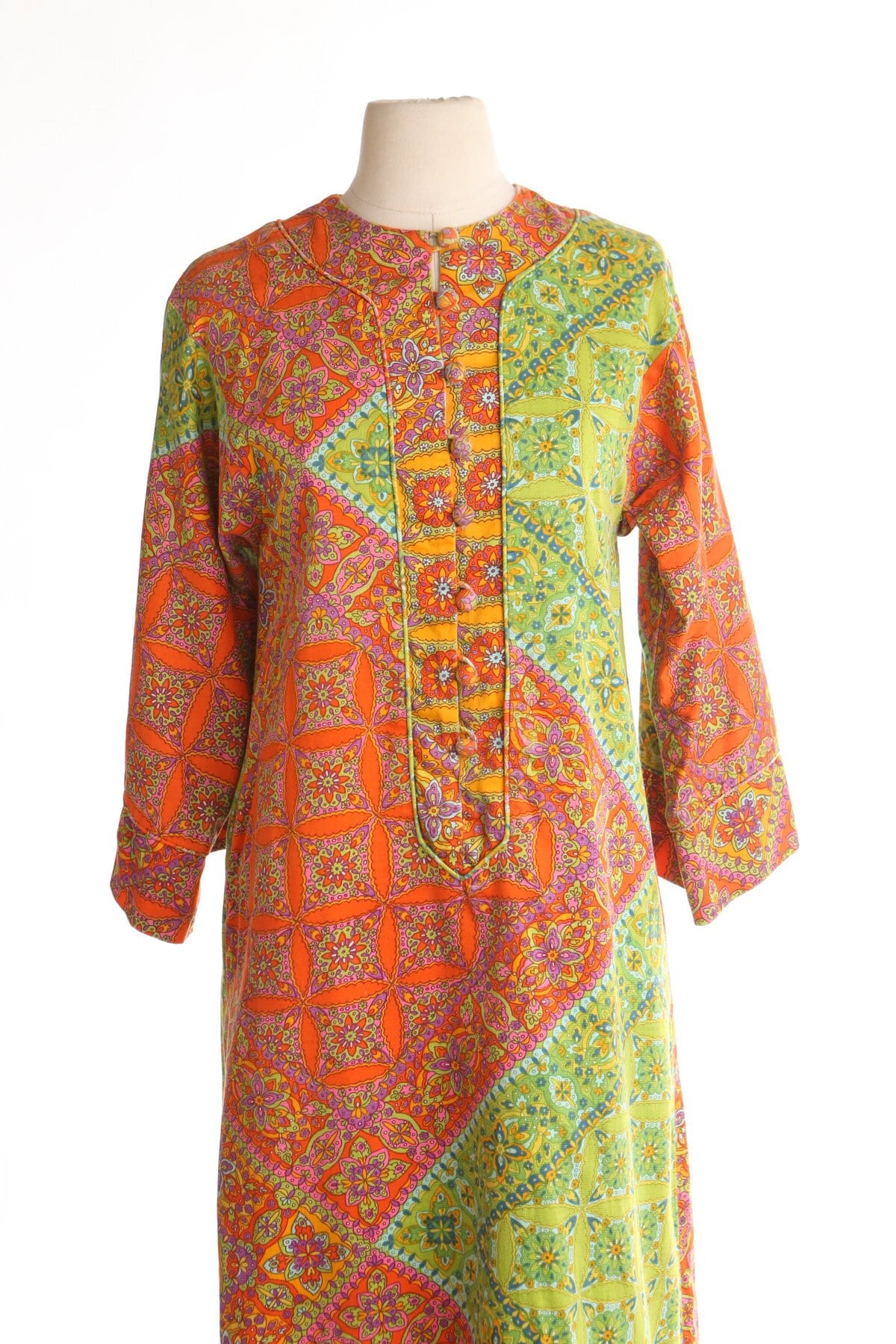 Vintage 70's tunic dress gree orange paisley 60's bohemian hippie kaftan