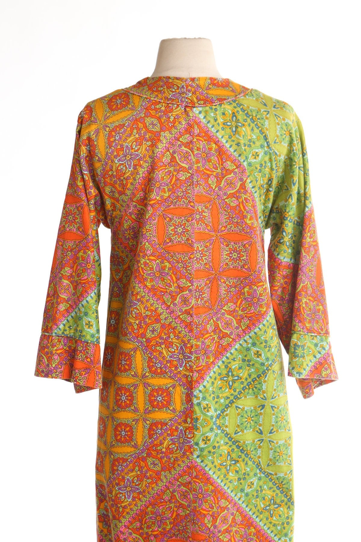 Vintage 70's tunic dress gree orange paisley 60's bohemian hippie kaftan