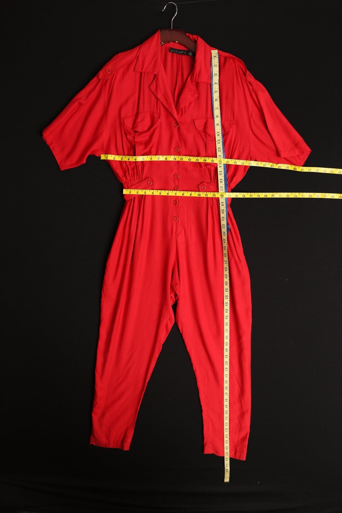 Jumpsuit 90's vintage red women casual 80's button cargo fashion y2k short sleeve front pockets