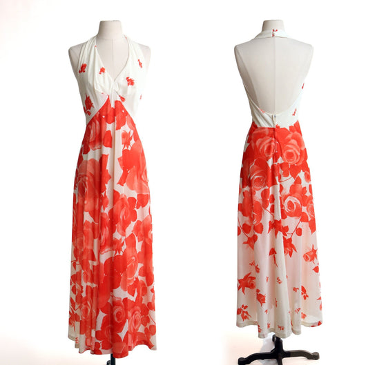 Vintage 70's long floral print roses white red halter summer