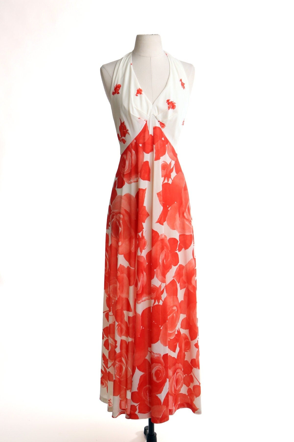 Vintage 70's long floral print roses white red halter summer