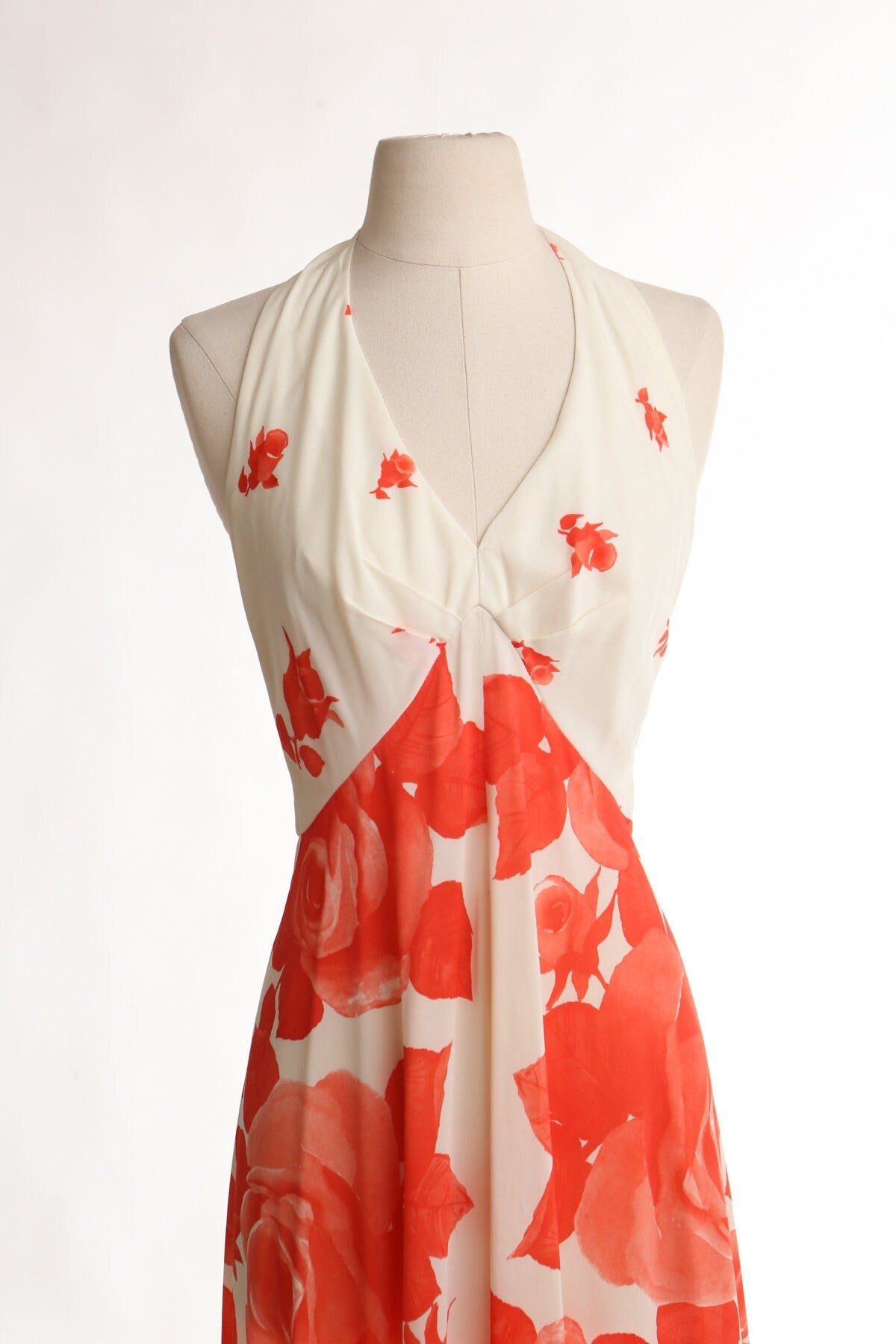 Vintage 70's long floral print roses white red halter summer