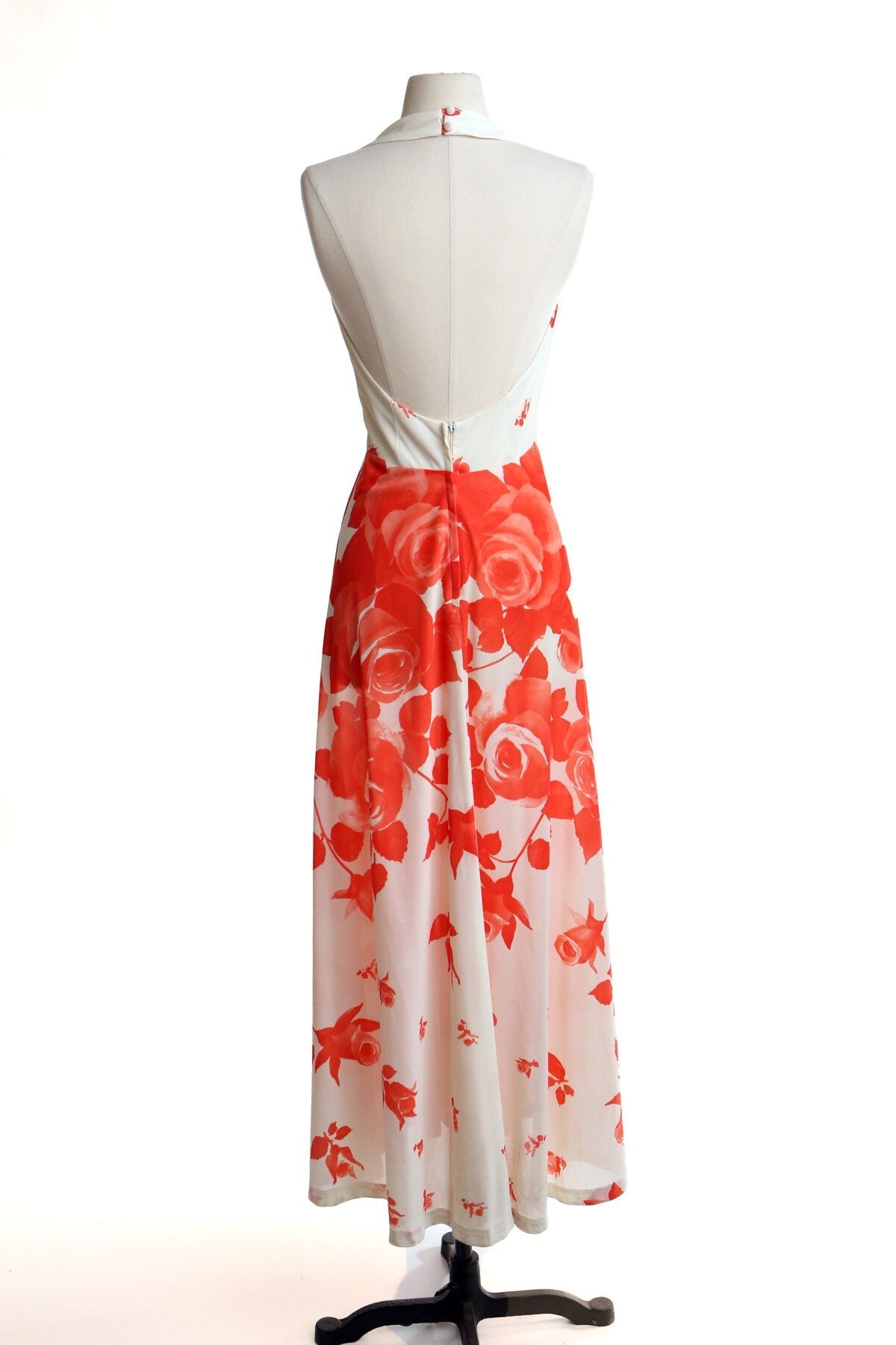 Vintage 70's long floral print roses white red halter summer