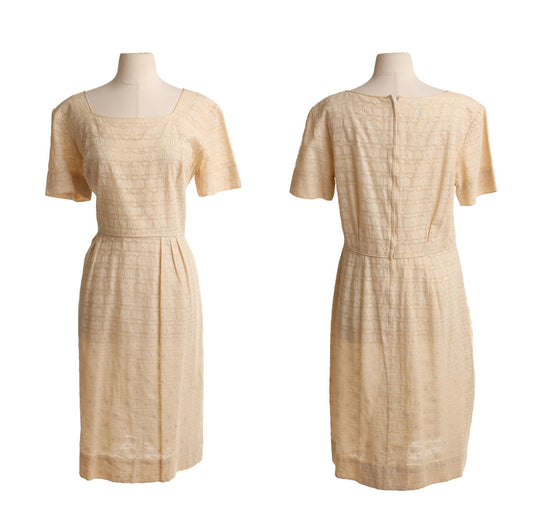 Vintage casual 50's women dress beige lace floral summer evening helen bass designer