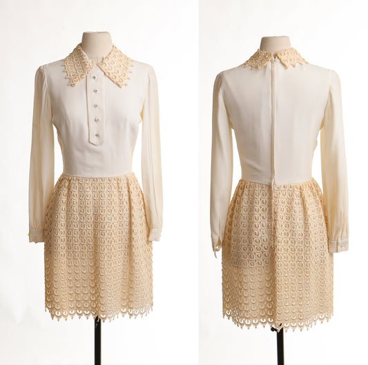 Vintage evening casual dress 60's 70's long sleeve lace formal mod beige