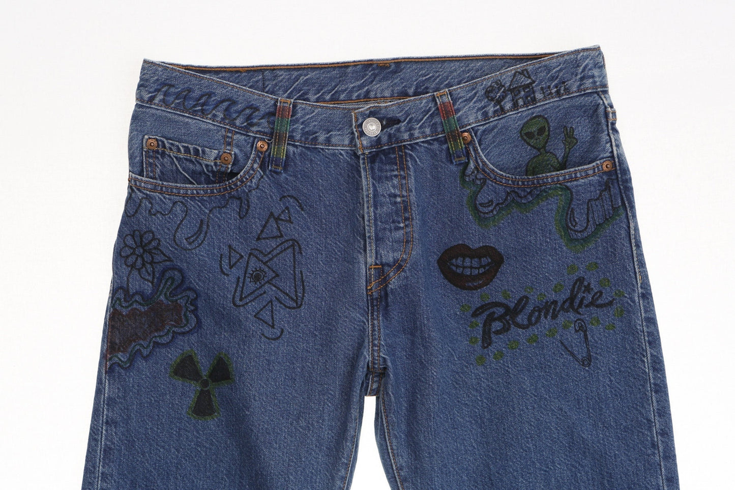 501 c levi jeans denim pants art graffiti hand drawn blue y2k 32 waist