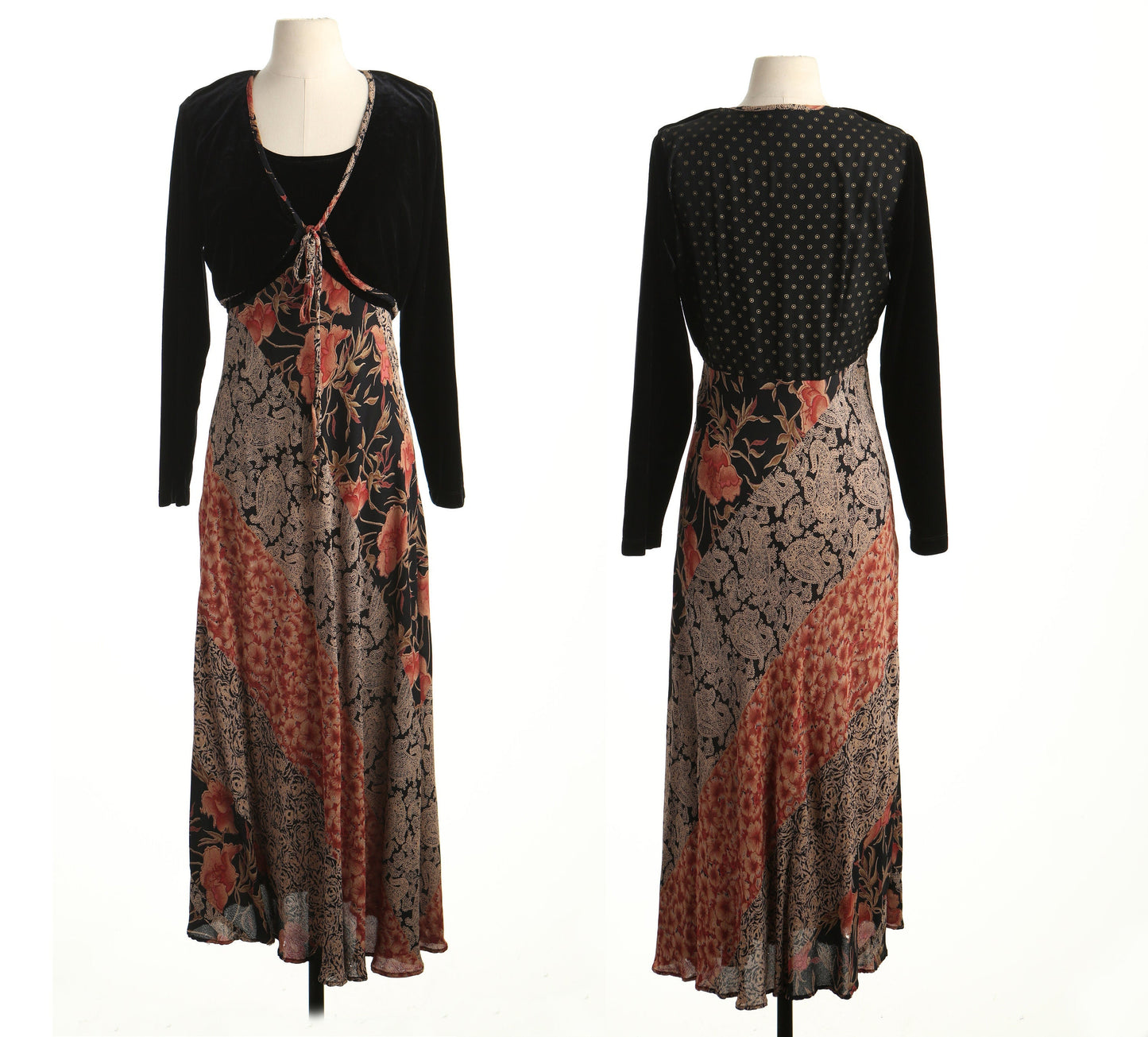 Vintage 90's y2k black velvet dress long floral print flower paisley roses casual