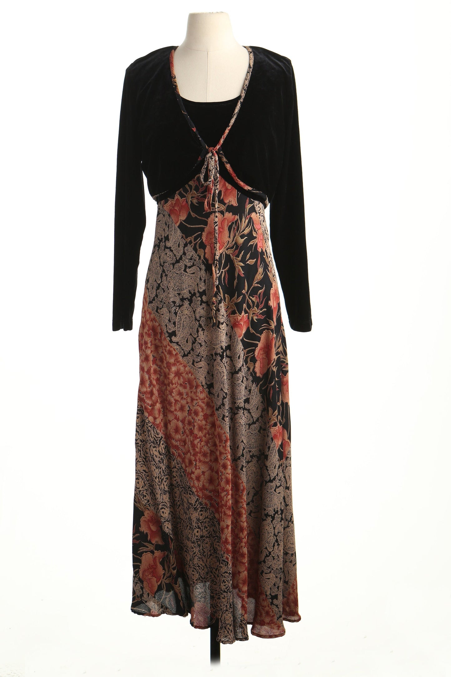 Vintage 90's y2k black velvet dress long floral print flower paisley roses casual