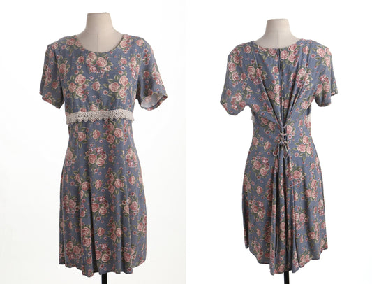 Vintage floral print summer dress blue roses back tie lace made in usa size 14p