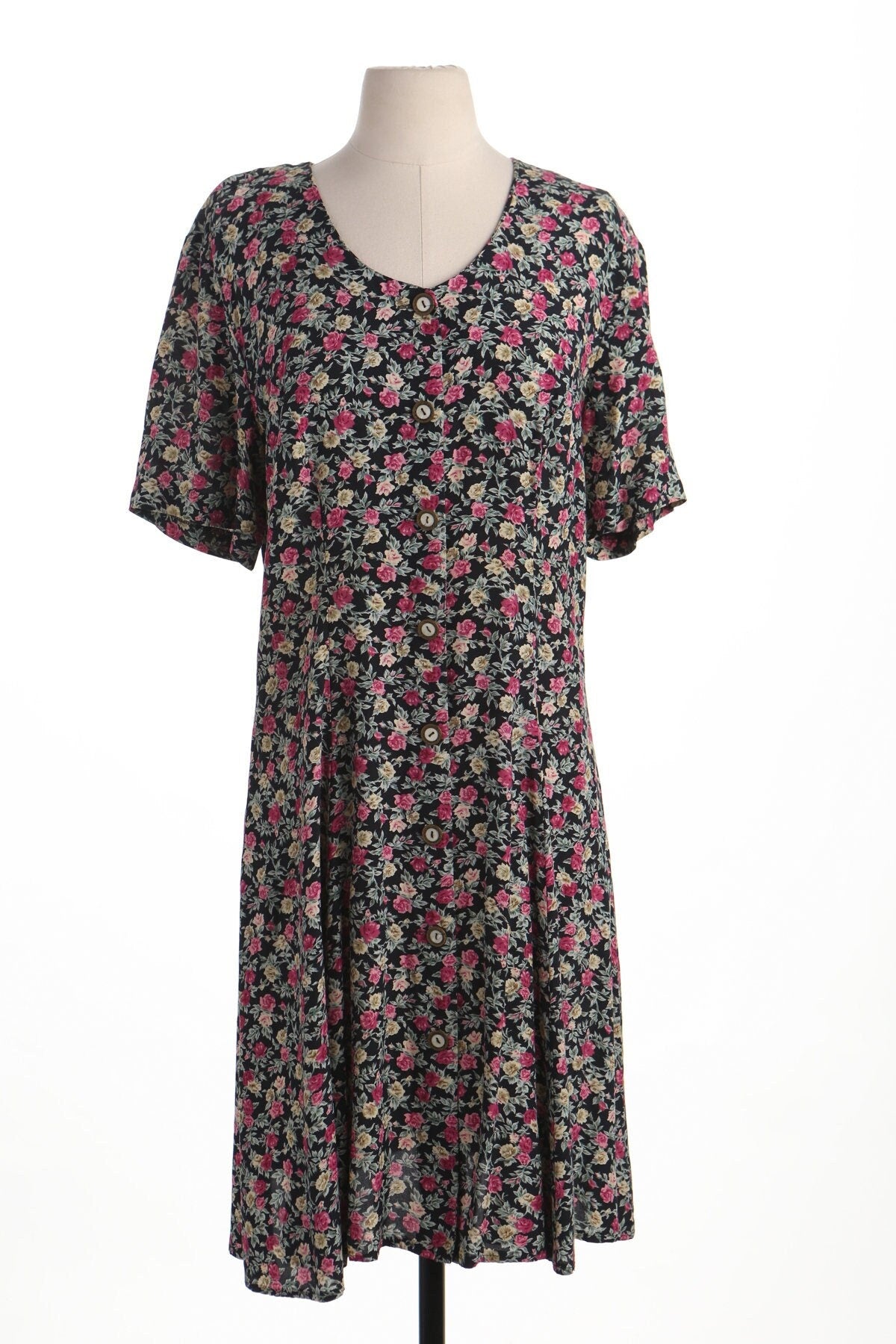 Vintage summer dress black floral print pink yellow flowers 90's long