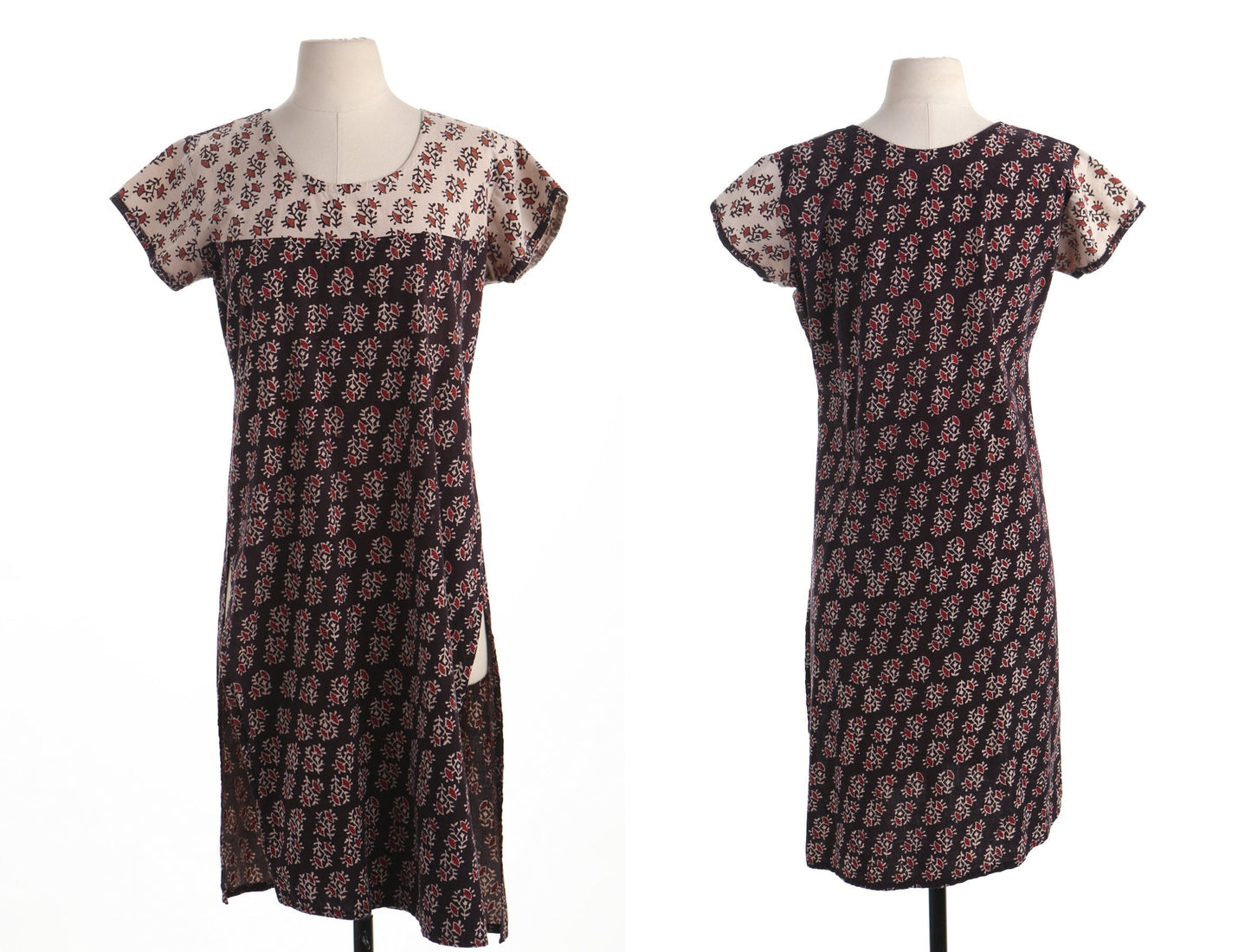 Vintage block print boho dress indian floral summer beige black hippie