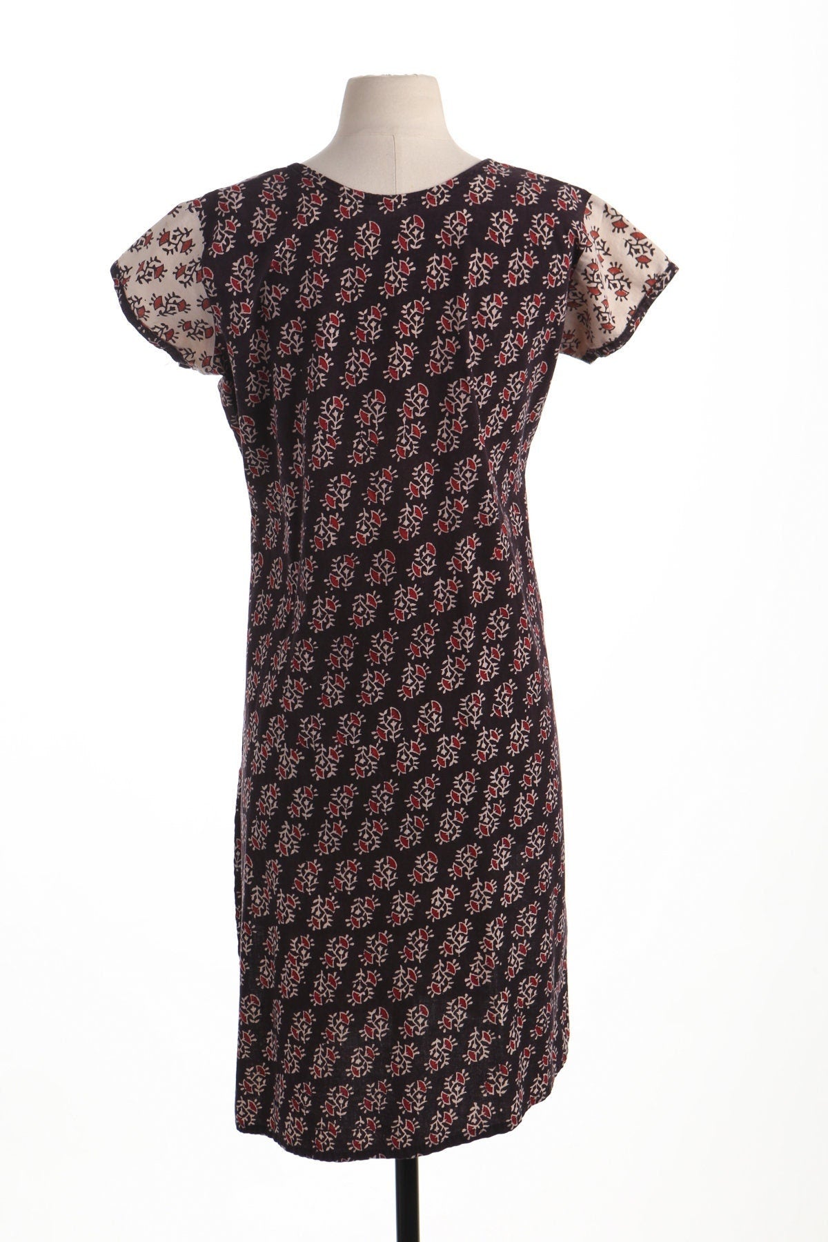 Vintage block print boho dress indian floral summer beige black hippie