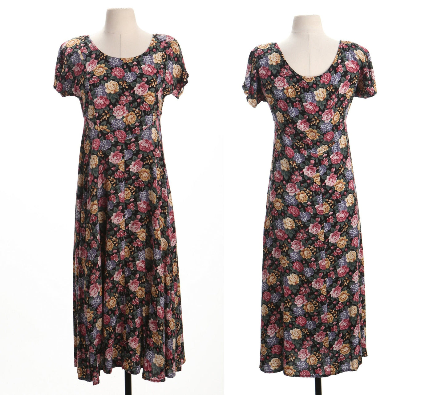 Dress vintage 90's black floral print summer long women casual rayon