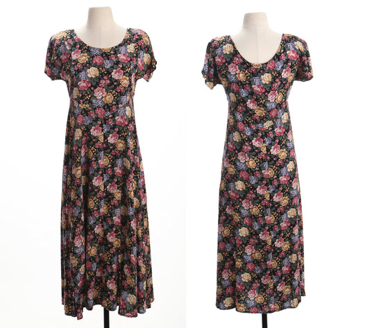 Dress vintage 90's black floral print summer long women casual rayon