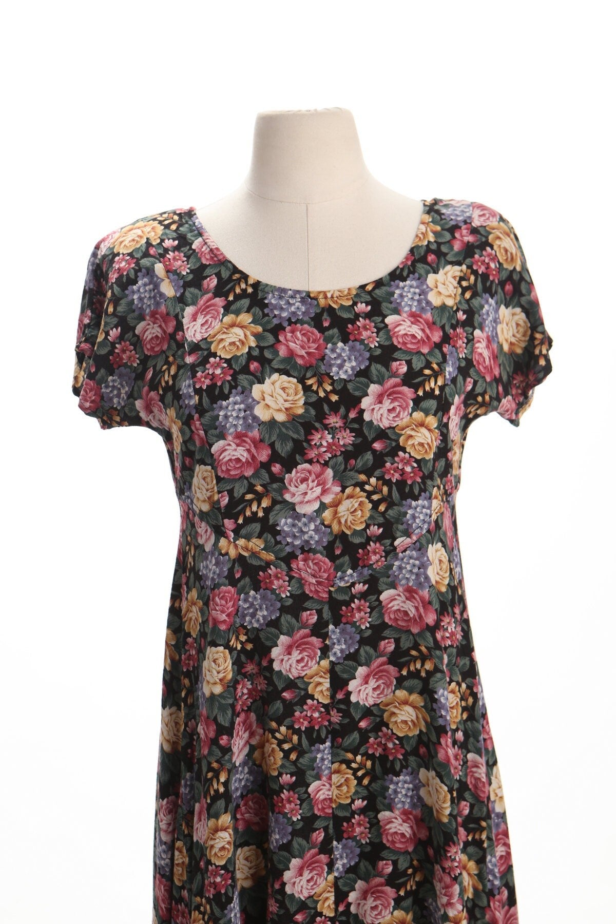 Dress vintage 90's black floral print summer long women casual rayon