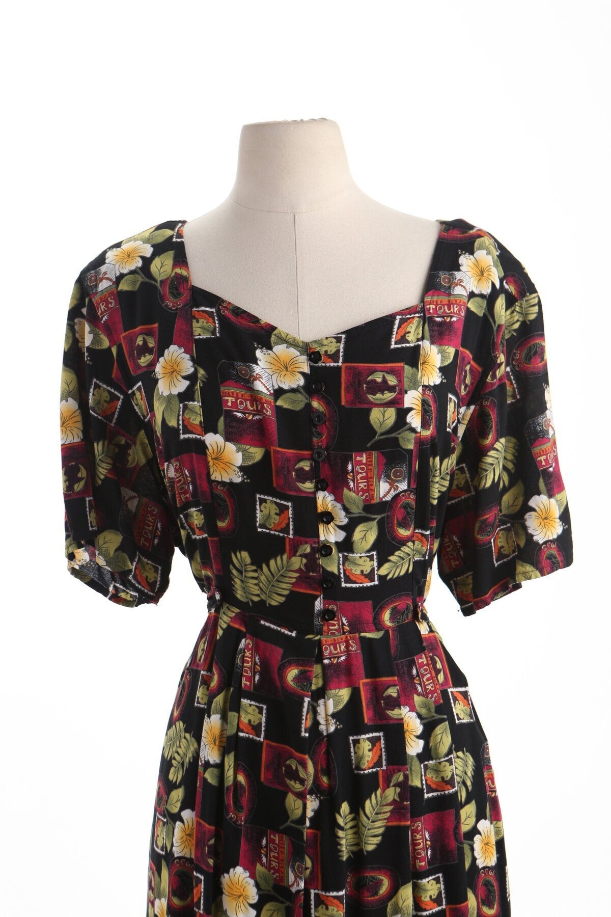 Vintage 90's long floral print black dress rayon button back belt short sleeve xl