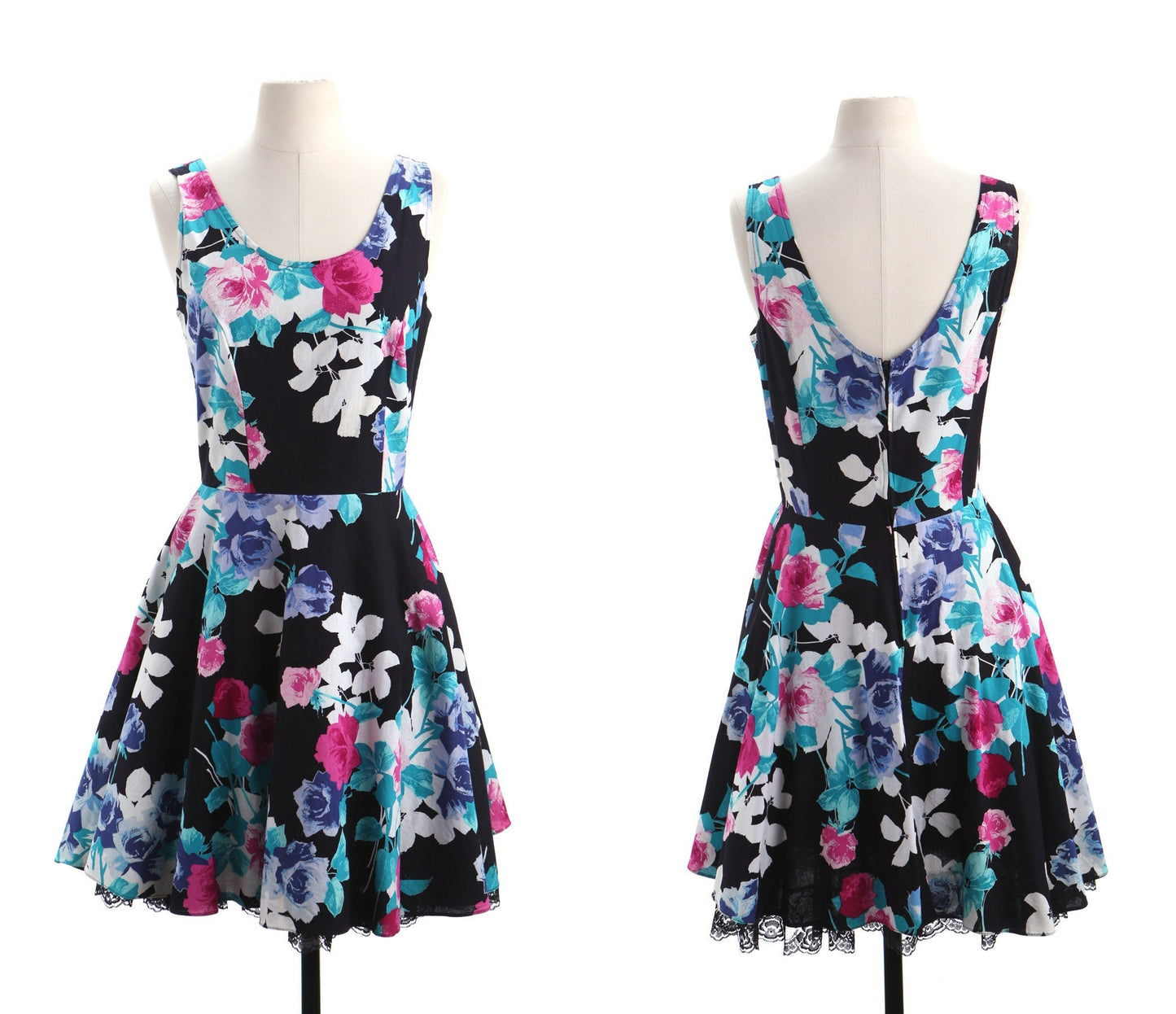 Vintage dress floral black strap print 90's 80's party prom