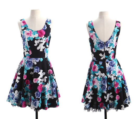 Vintage dress floral black strap print 90's 80's party prom