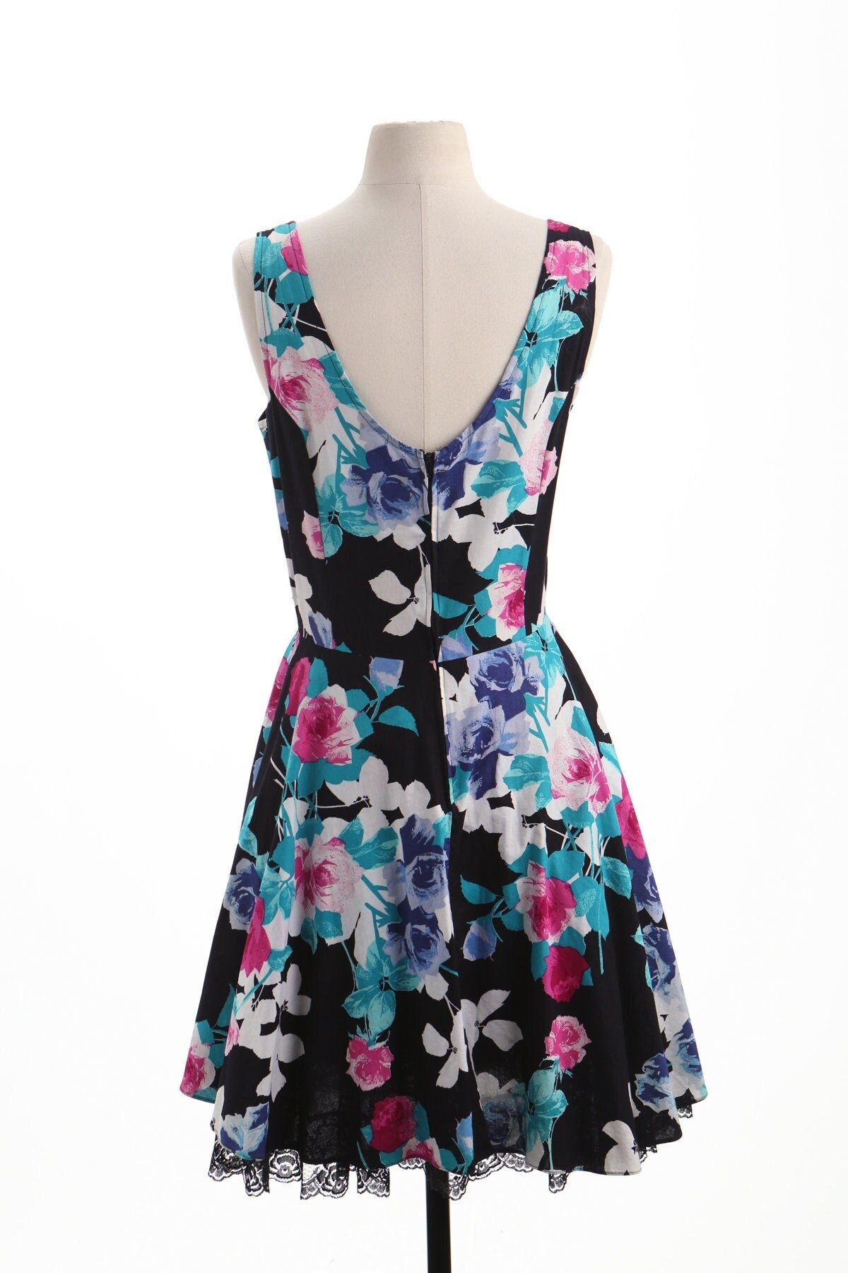 Vintage dress floral black strap print 90's 80's party prom