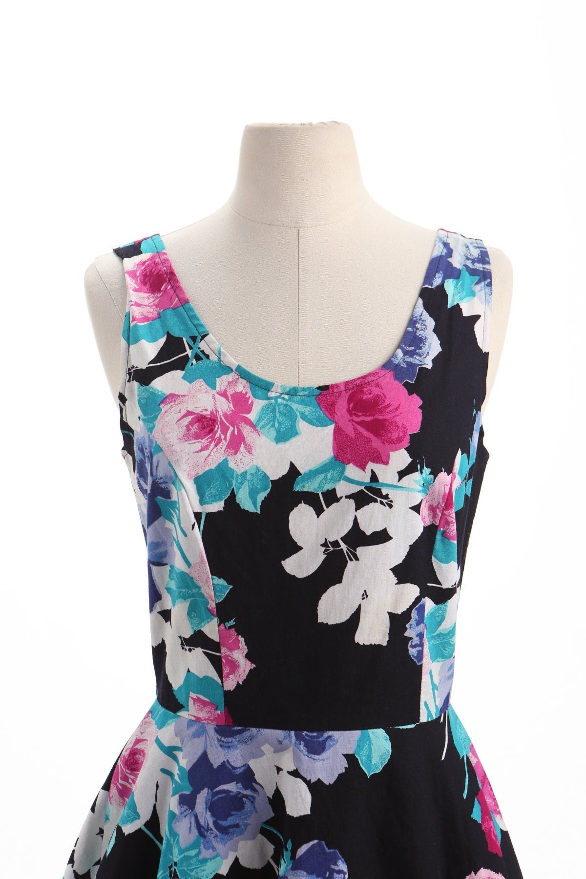 Vintage dress floral black strap print 90's 80's party prom