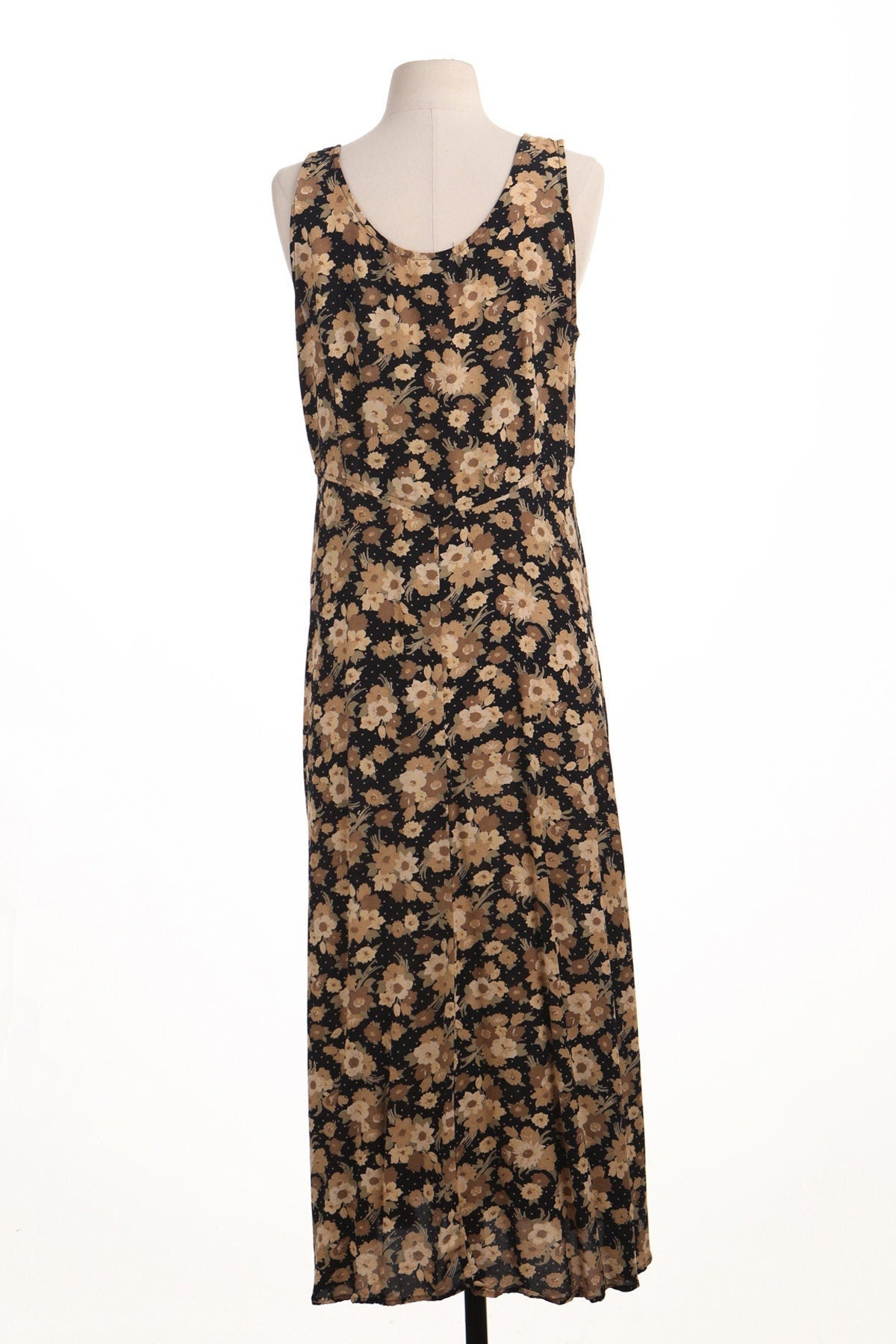 Vintage women floral yellow black summer long dress 90's casual