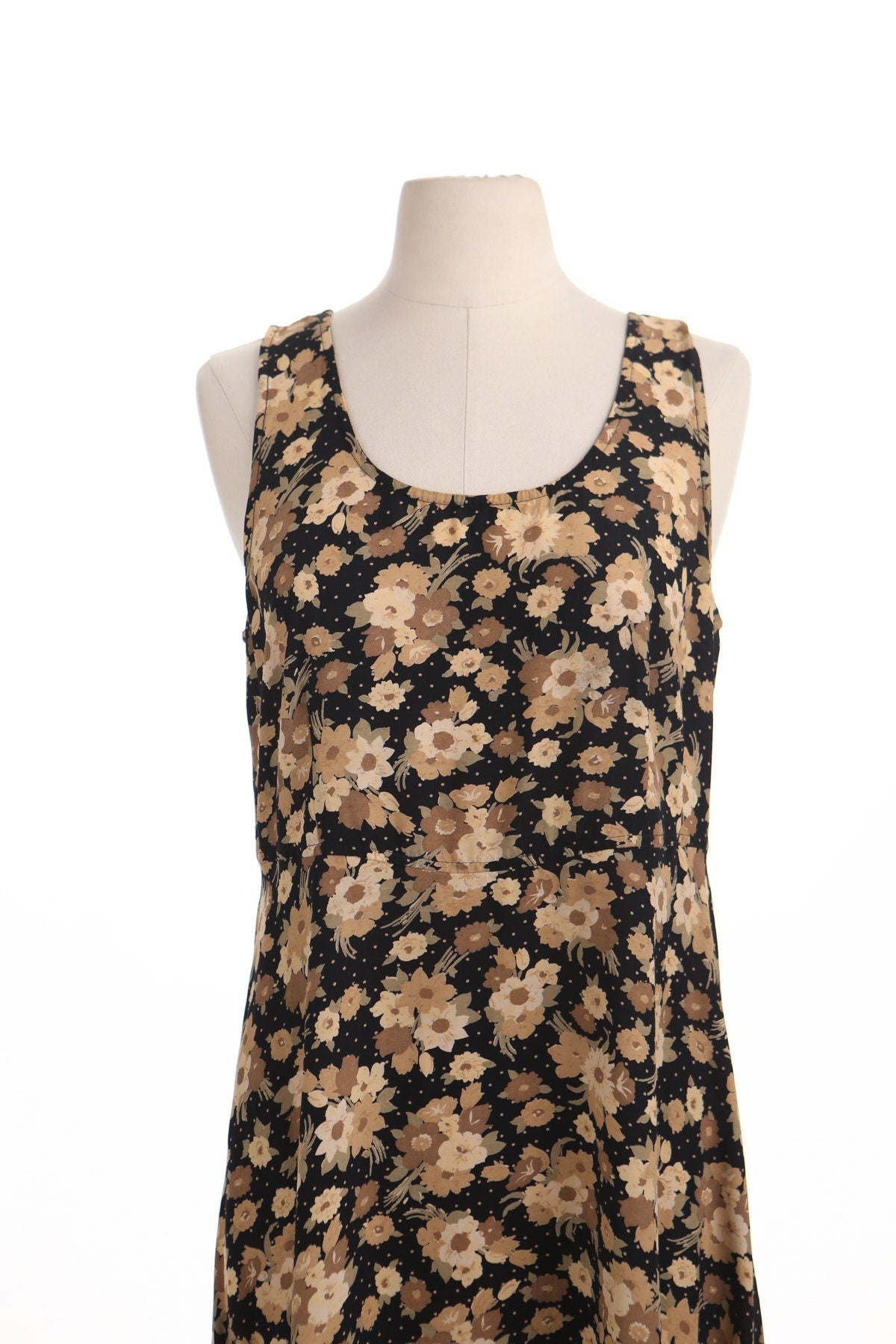 Vintage women floral yellow black summer long dress 90's casual