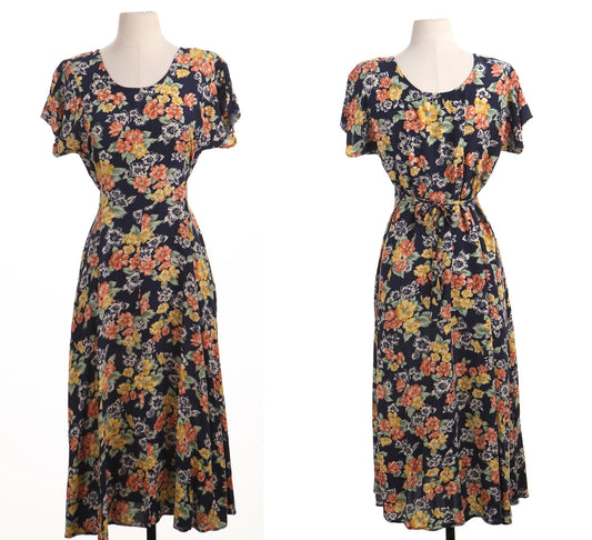Vintage 90's summer spring casual dress long floral flower print black